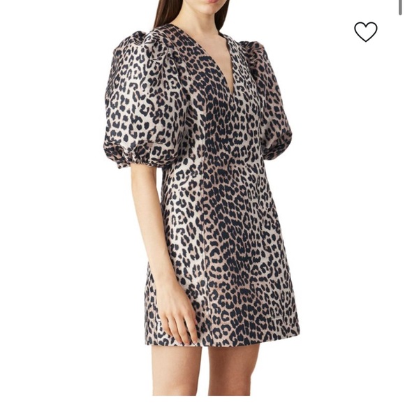 GANNI Leopard Print Puff Sleeve Dress - Picture 1 of 4